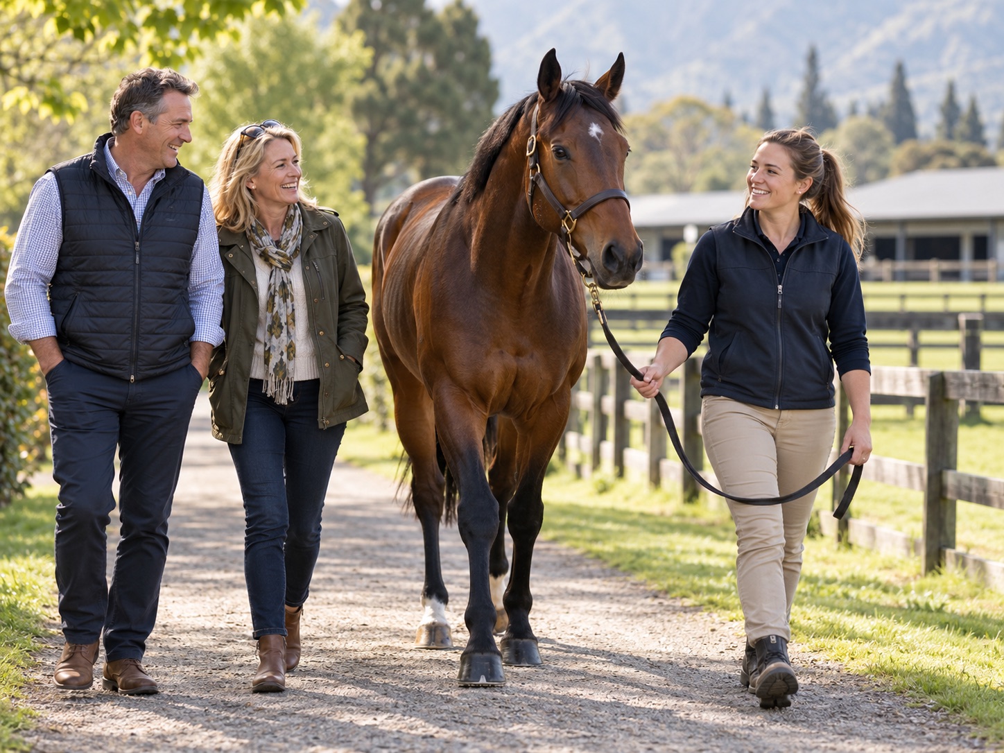 Happy racehorse owners walking with a thoroughbred and stable handler